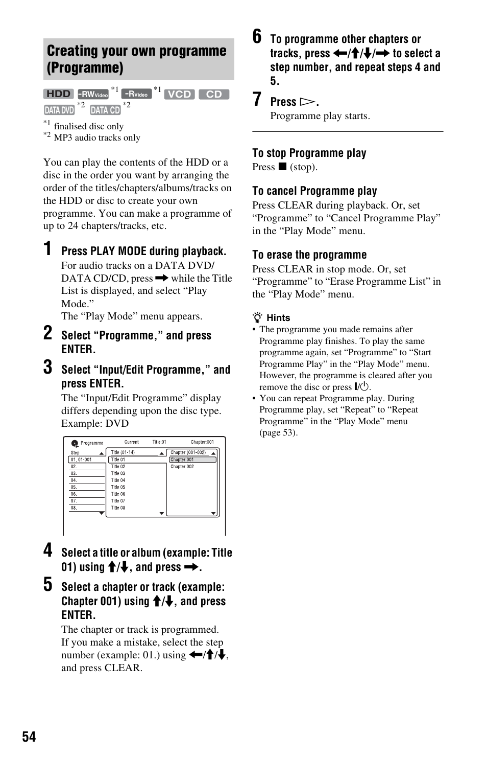 Creating your own programme (programme) | Sony RDR-HX680 User Manual | Page 54 / 140