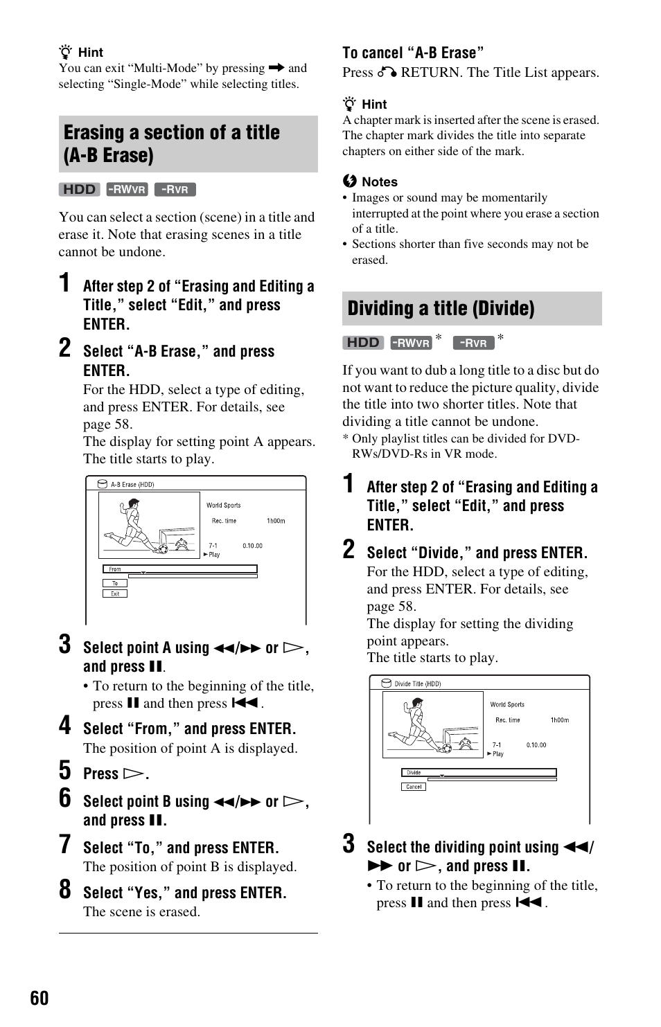 Erasing a section of a title (a-b erase), Dividing a title (divide) | Sony RDR-HX680 User Manual | Page 60 / 140