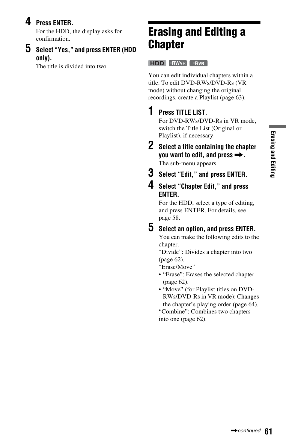 Erasing and editing a chapter | Sony RDR-HX680 User Manual | Page 61 / 140
