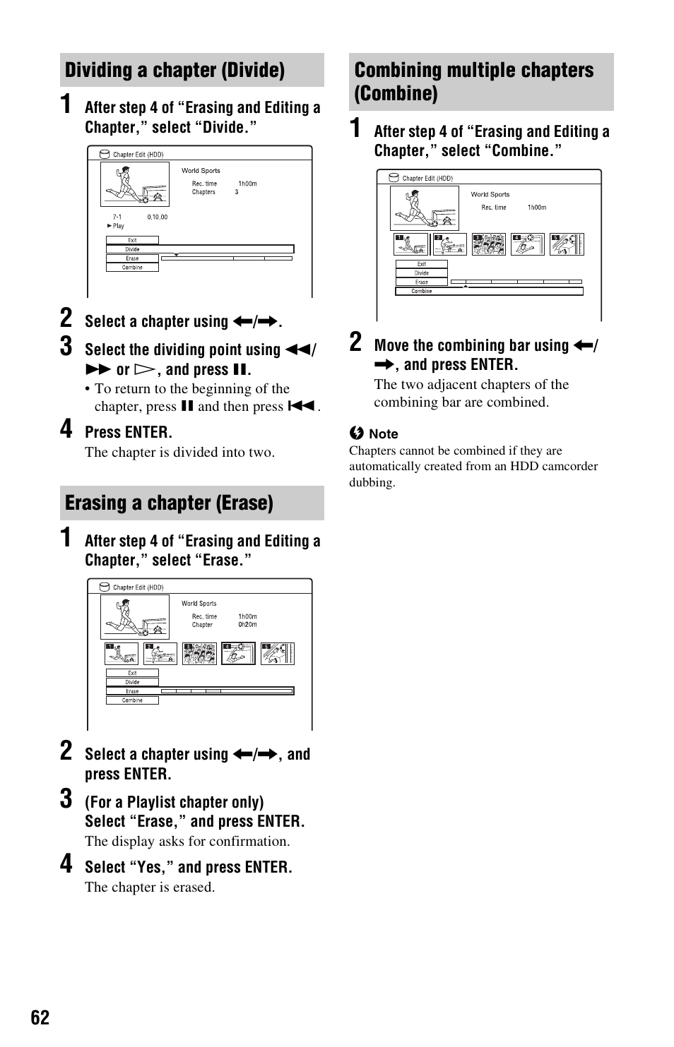 Dividing a chapter (divide), Erasing a chapter (erase), Combining multiple chapters (combine) | Sony RDR-HX680 User Manual | Page 62 / 140