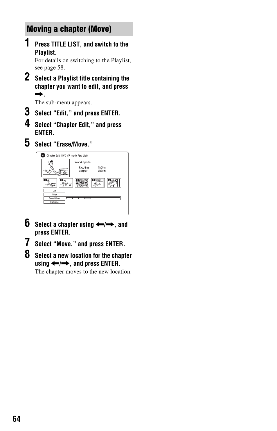 Moving a chapter (move) | Sony RDR-HX680 User Manual | Page 64 / 140