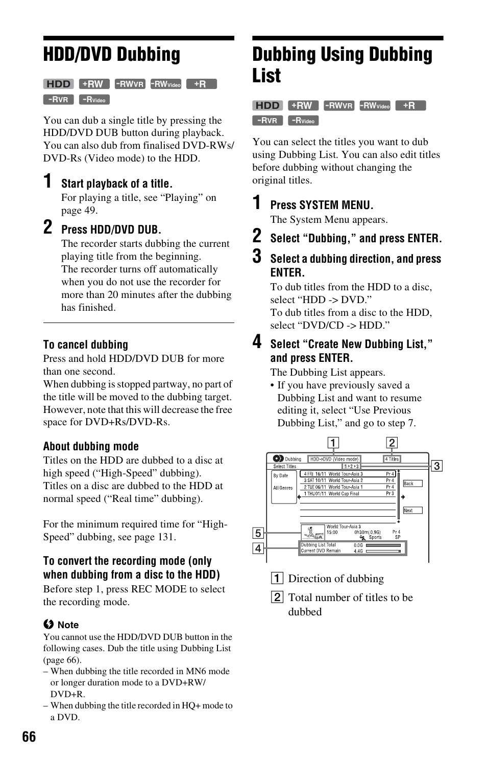 Hdd/dvd dubbing, Dubbing using dubbing list, Hdd/dvd dubbing dubbing using dubbing list | Sony RDR-HX680 User Manual | Page 66 / 140