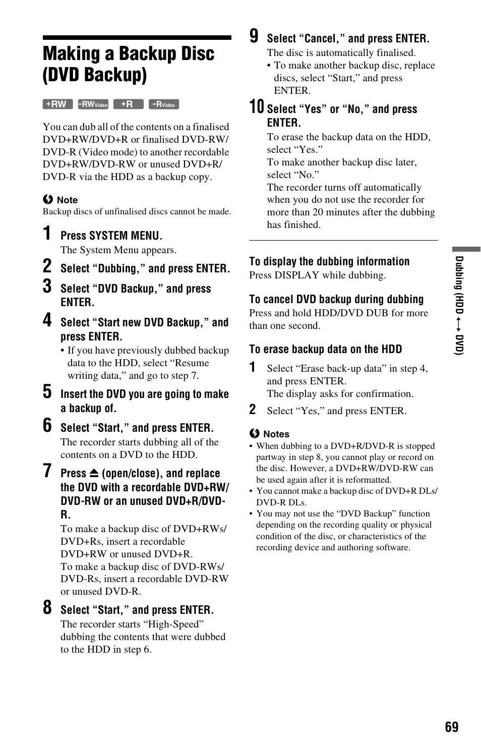 Making a backup disc (dvd backup) | Sony RDR-HX680 User Manual | Page 69 / 140