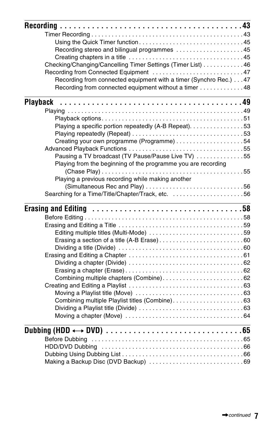 7recording, Playback, Erasing and editing | Dubbing (hdd y dvd) | Sony RDR-HX680 User Manual | Page 7 / 140