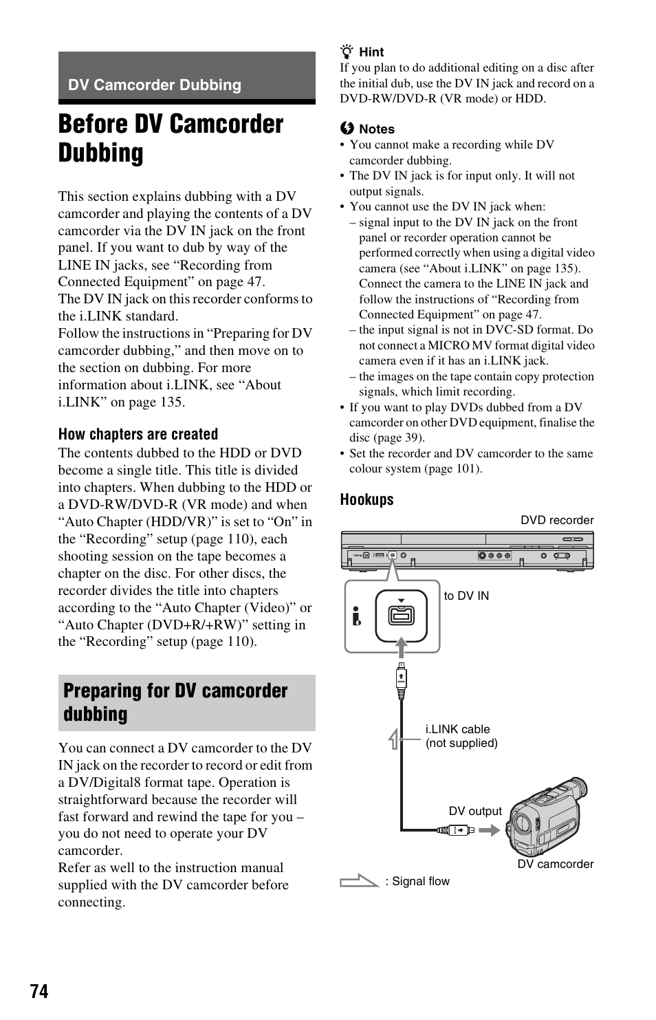 Dv camcorder dubbing, Before dv camcorder dubbing, Preparing for dv camcorder dubbing | Sony RDR-HX680 User Manual | Page 74 / 140