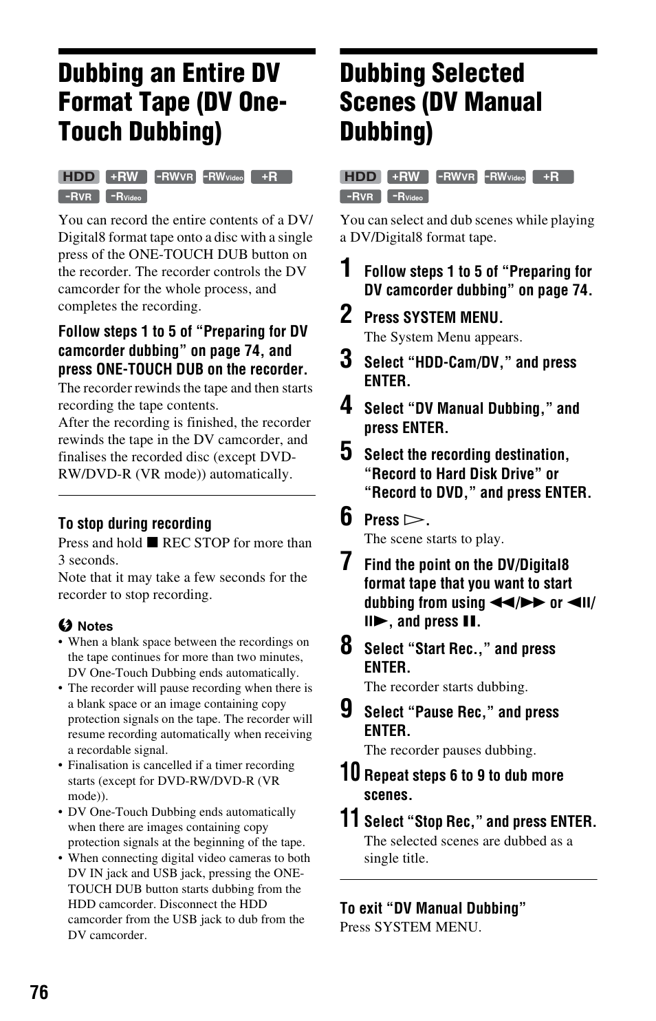 Dubbing selected scenes (dv manual dubbing) | Sony RDR-HX680 User Manual | Page 76 / 140