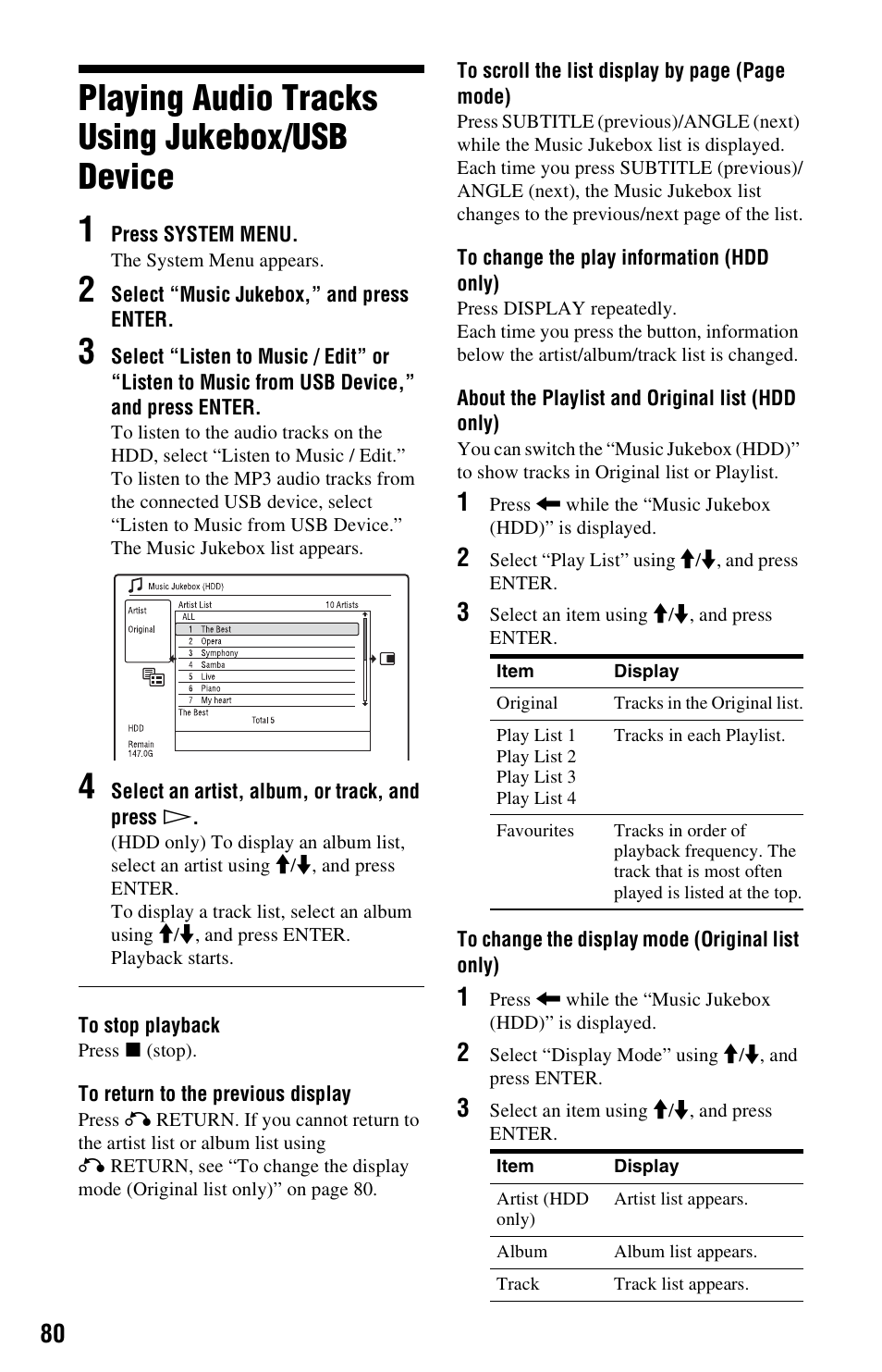 Playing audio tracks using jukebox/usb device, Playing audio tracks using jukebox/usb device 1 | Sony RDR-HX680 User Manual | Page 80 / 140