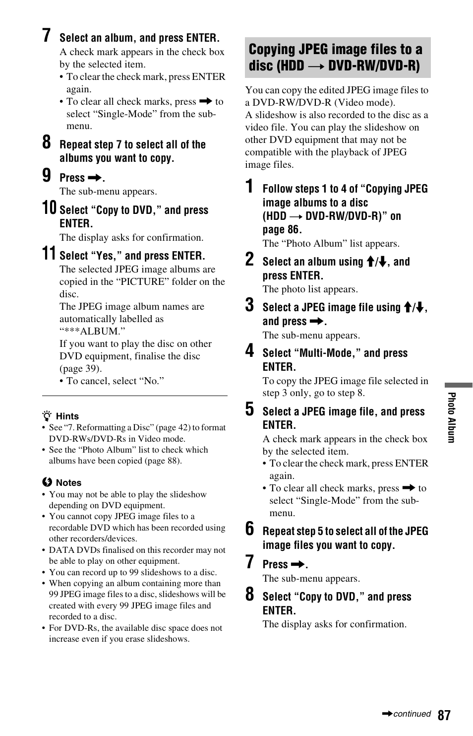 Copying jpeg image files to a disc (hdd | Sony RDR-HX680 User Manual | Page 87 / 140