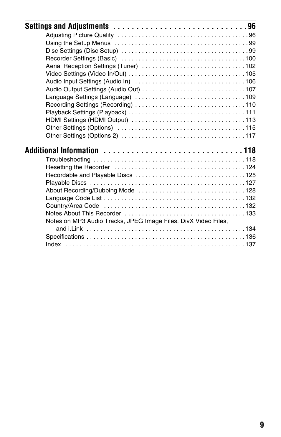 9settings and adjustments, Additional information | Sony RDR-HX680 User Manual | Page 9 / 140