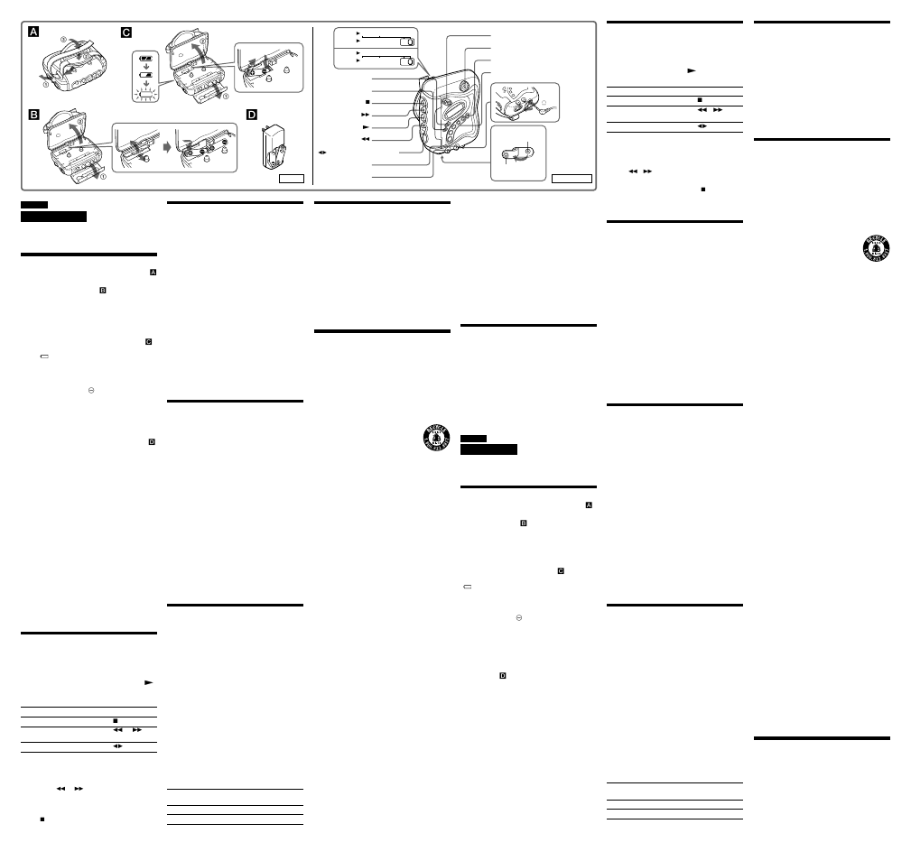 Ab c, Préparations, Lecture d’une cassette | Ecoute de la radio, Présélection des stations de radio, Réception de stations hors de votre pays, Utilisation d’autres fonctions, Précautions, Dépannage, Preparativos | Sony WM-FS220 User Manual | Page 2 / 2