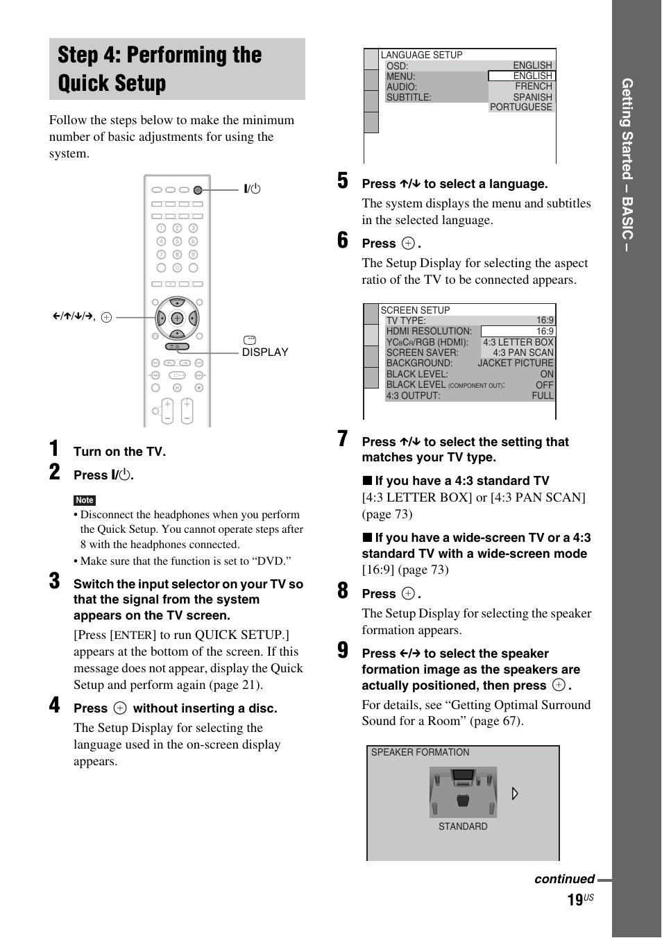 Step 4: performing the quick setup, Step 4: performing the quick, Setup | Sony DAV-DX355 User Manual | Page 19 / 104
