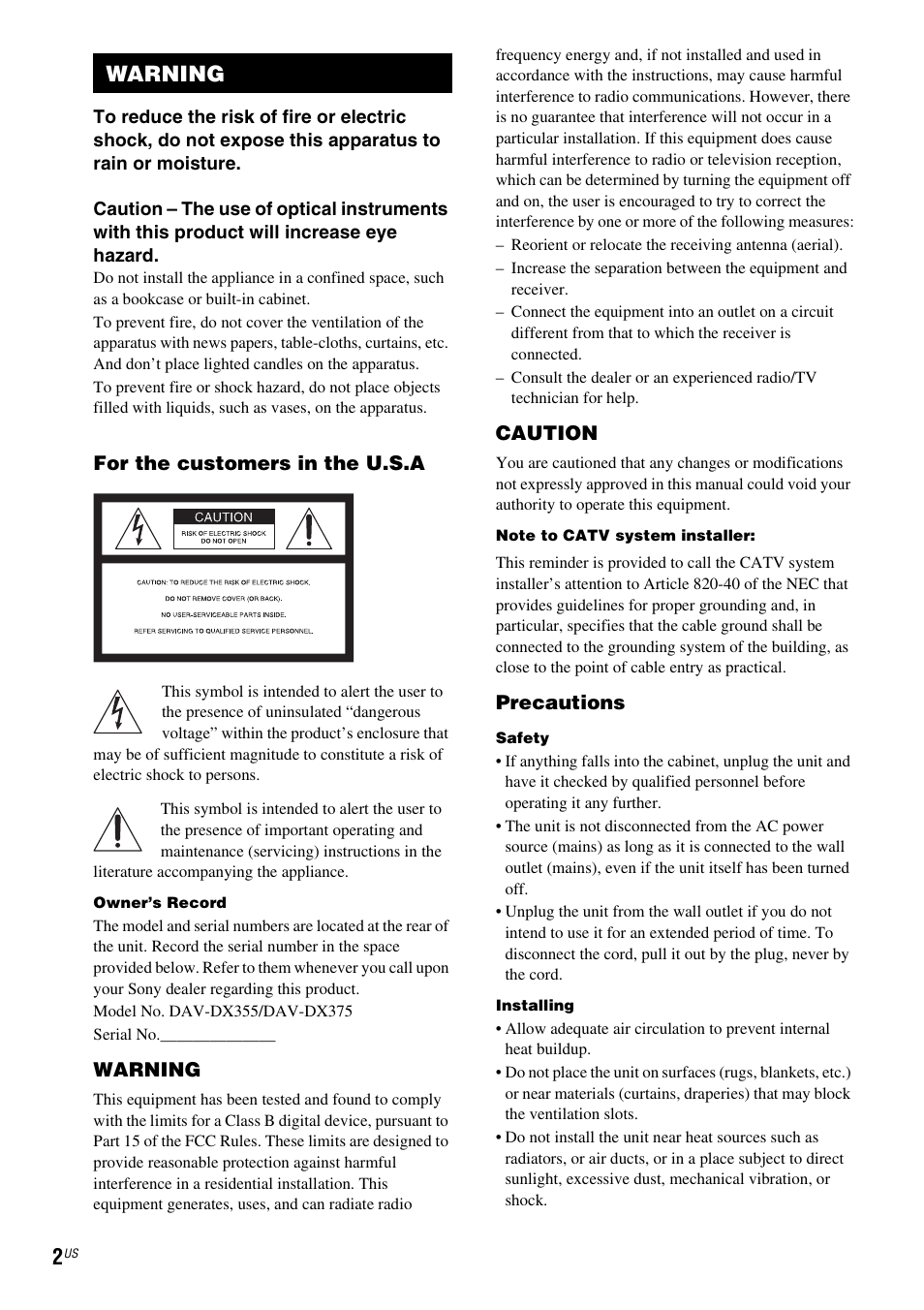 Warning | Sony DAV-DX355 User Manual | Page 2 / 104