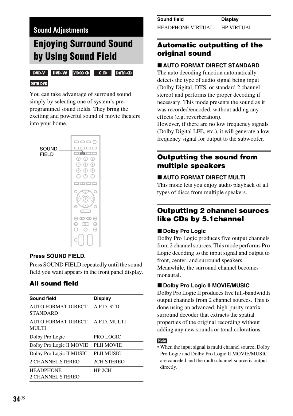 Sound adjustments, Enjoying surround sound by using sound field, Automatic outputting of the original sound | Outputting the sound from multiple speakers, Enjoying surround sound by using sound, Field | Sony DAV-DX355 User Manual | Page 34 / 104