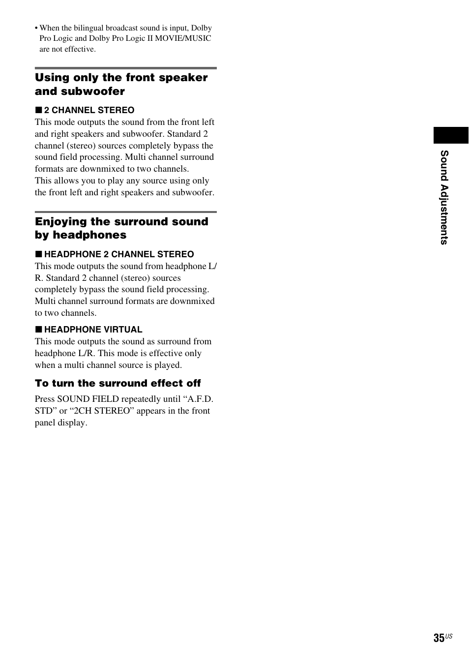 Using only the front speaker and subwoofer, Enjoying the surround sound by headphones | Sony DAV-DX355 User Manual | Page 35 / 104