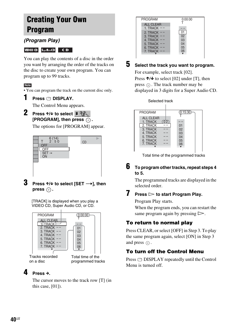 Creating your own program, Program play) | Sony DAV-DX355 User Manual | Page 40 / 104