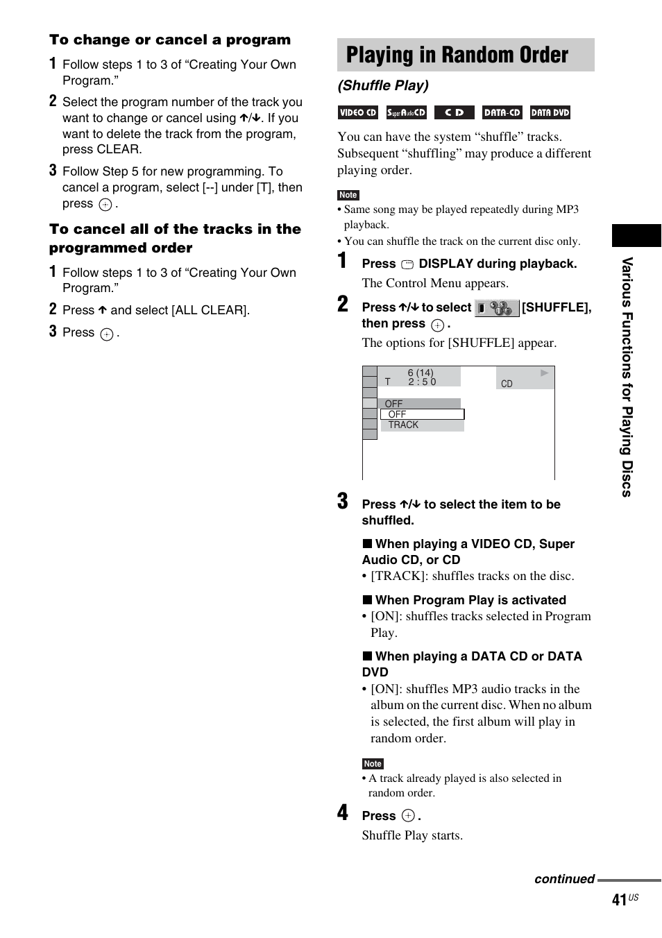Playing in random order, Shuffle play) | Sony DAV-DX355 User Manual | Page 41 / 104
