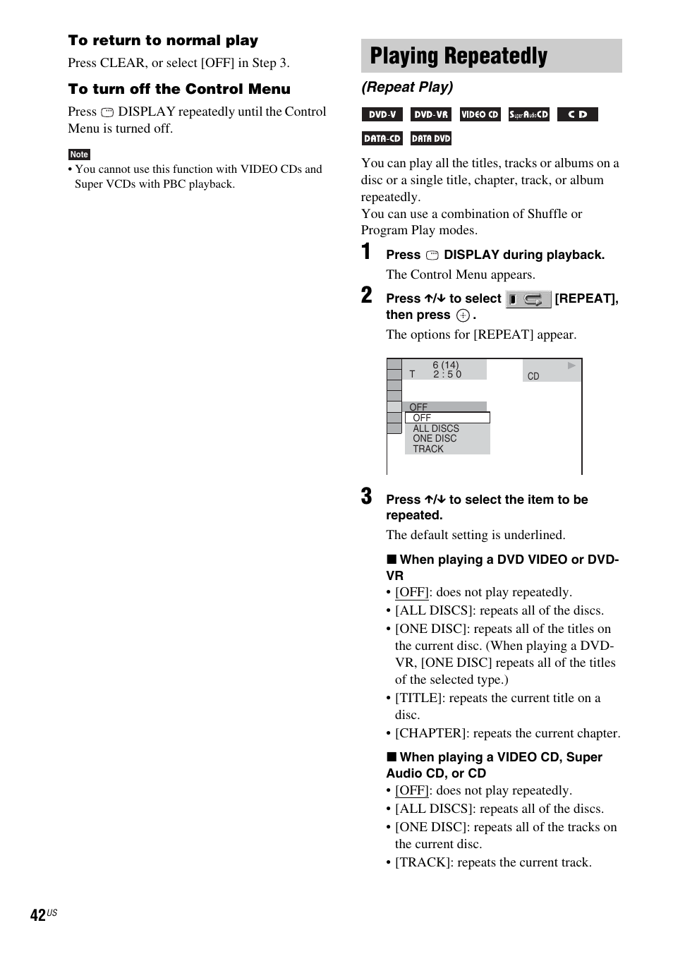 Playing repeatedly, Repeat play) | Sony DAV-DX355 User Manual | Page 42 / 104
