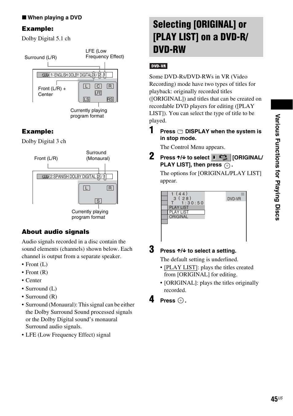 Selecting [original] or [play list, On a dvd-r/dvd-rw | Sony DAV-DX355 User Manual | Page 45 / 104