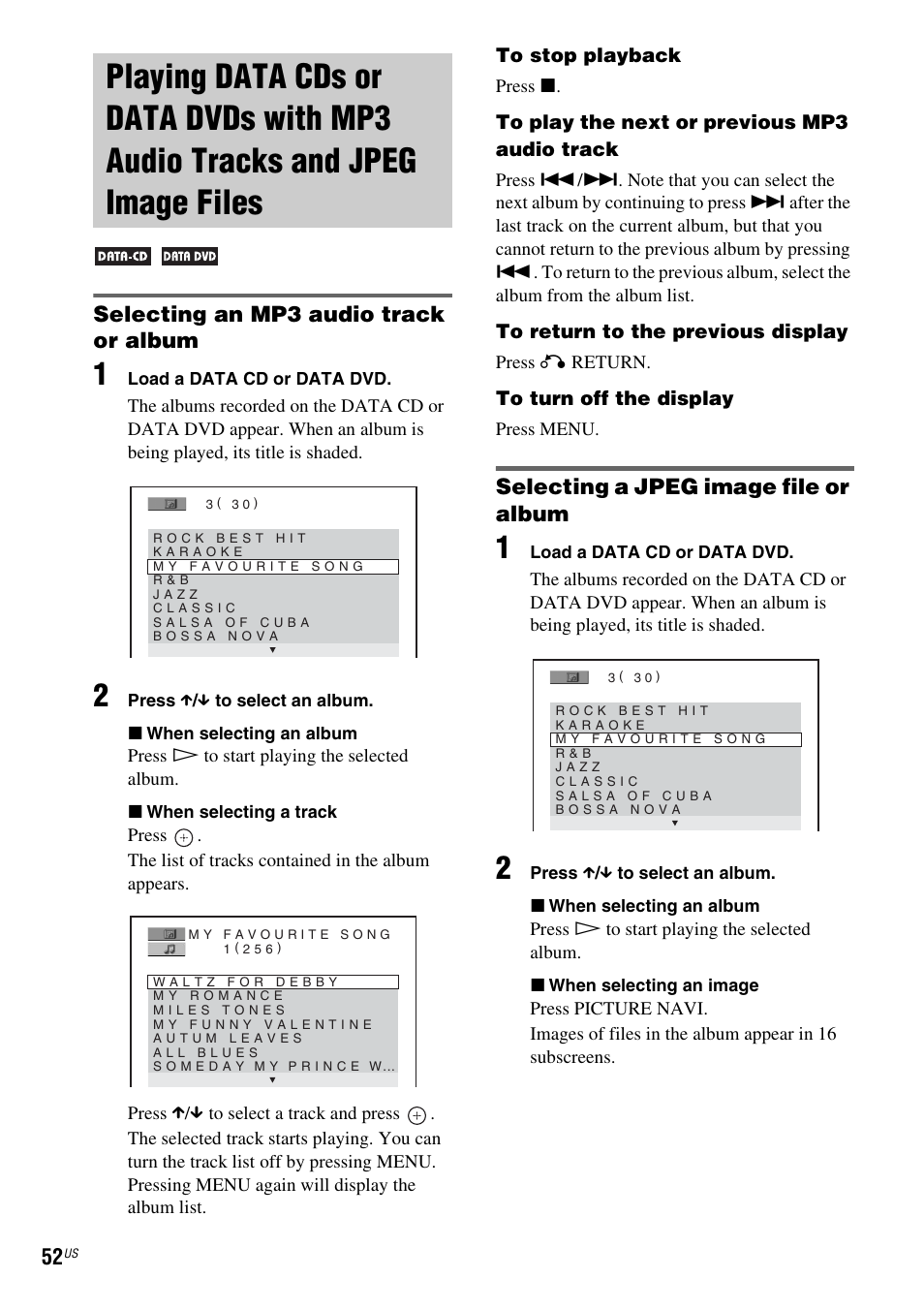 Selecting an mp3 audio track or album, Selecting a jpeg image file or album, Playing data cds or data dvds with | Mp3 audio tracks and jpeg image files | Sony DAV-DX355 User Manual | Page 52 / 104