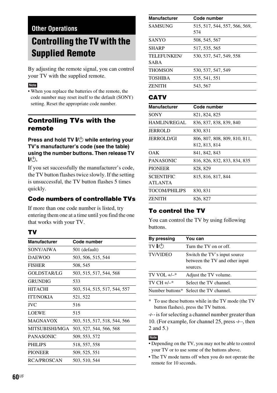 Other operations, Controlling the tv with the supplied remote, Controlling tvs with the remote | Controlling the tv with the supplied, Remote | Sony DAV-DX355 User Manual | Page 60 / 104