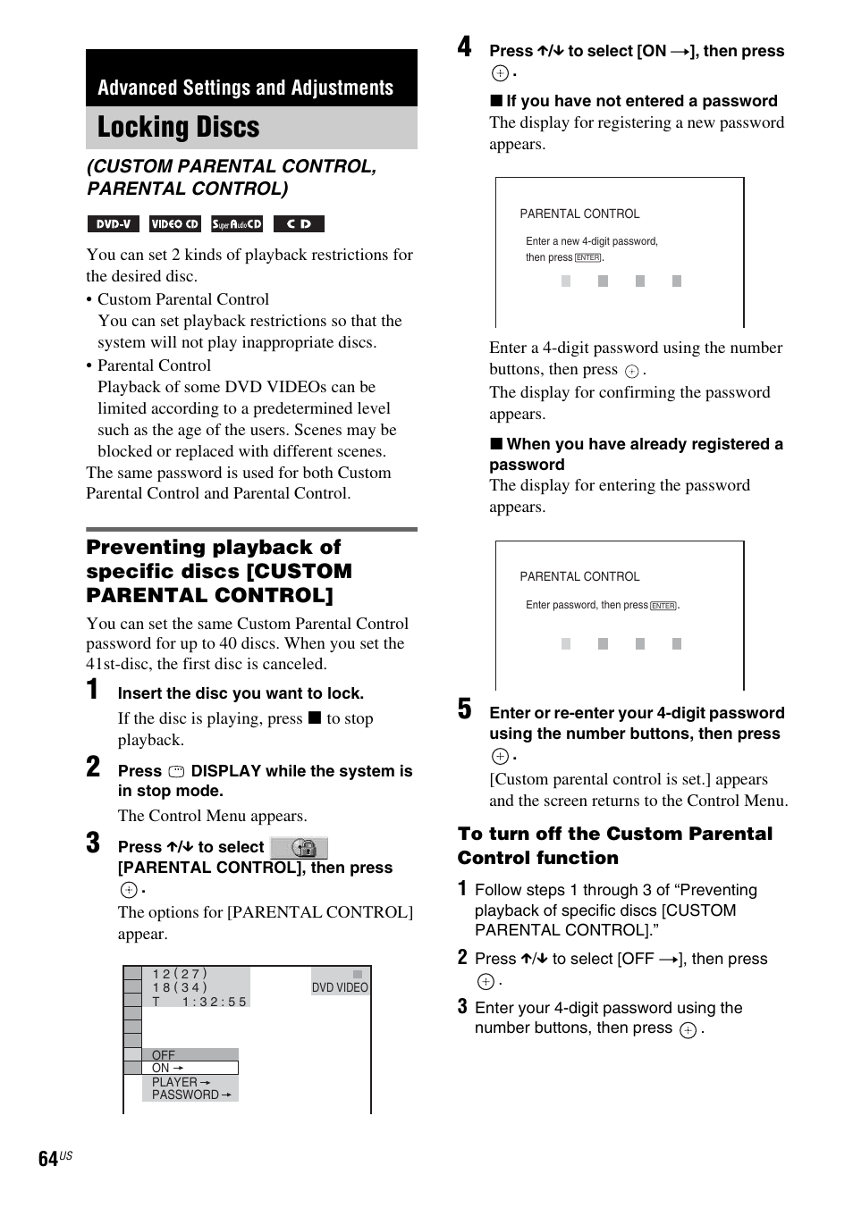 Advanced settings and adjustments, Locking discs, Custom parental control, parental control) | Sony DAV-DX355 User Manual | Page 64 / 104