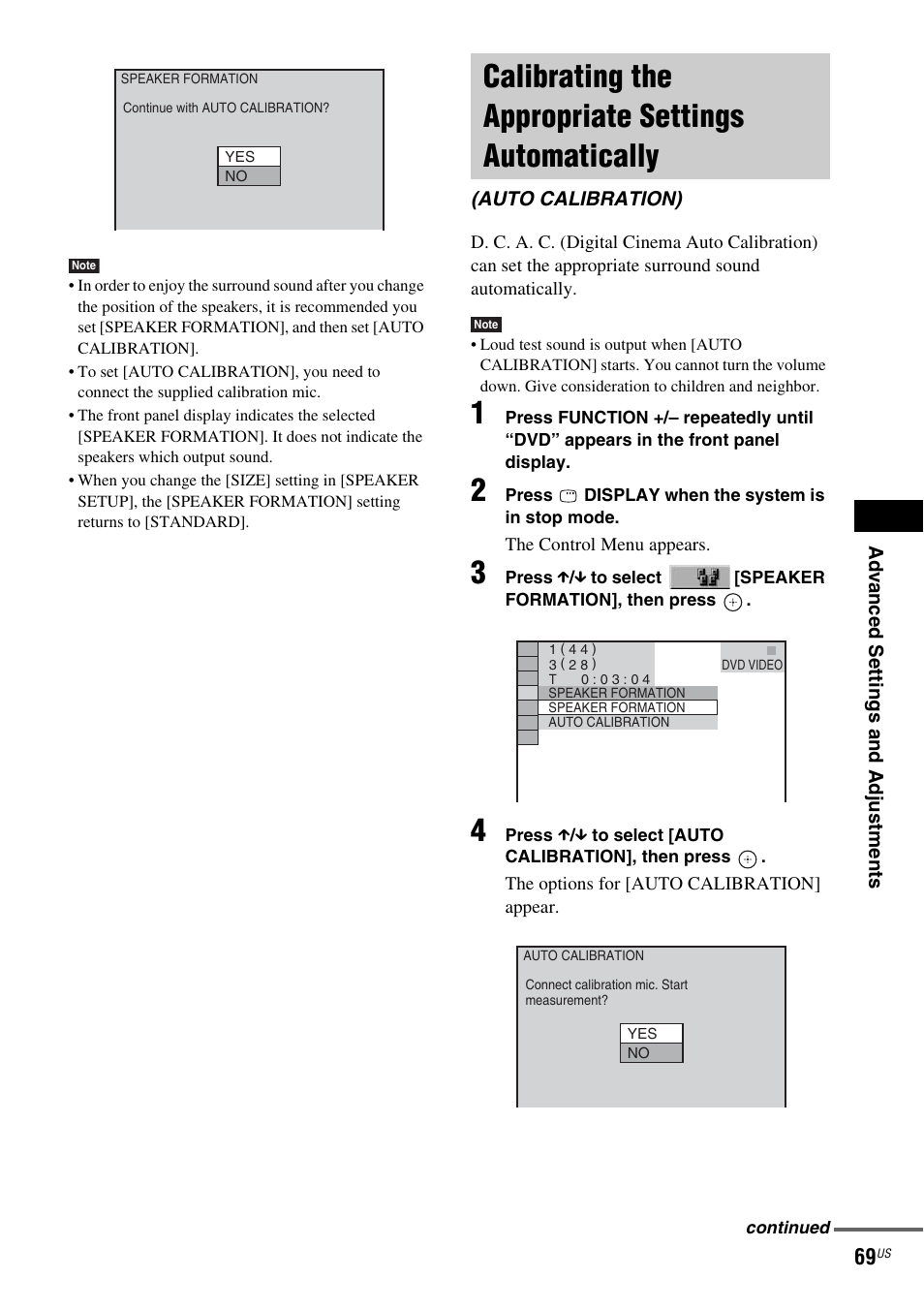 Calibrating the appropriate settings automatically, Calibrating the appropriate settings, Automatically (auto calibration) | Sony DAV-DX355 User Manual | Page 69 / 104