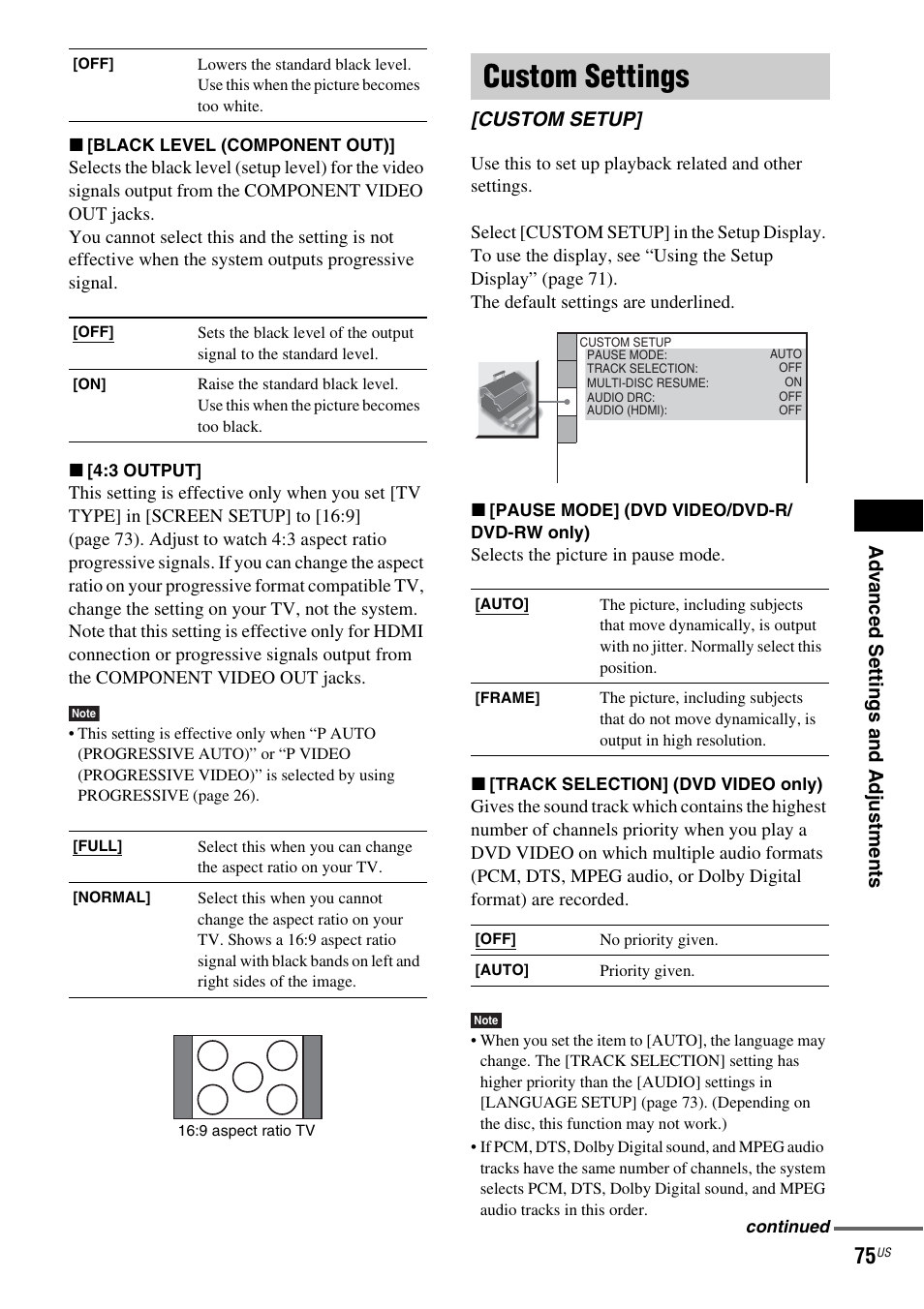 Custom settings, Custom setup, Ad v a nc ed settings and adjus tments | Sony DAV-DX355 User Manual | Page 75 / 104