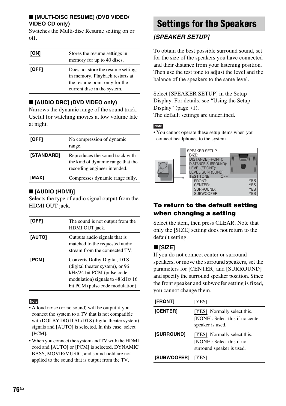 Settings for the speakers, Speaker setup | Sony DAV-DX355 User Manual | Page 76 / 104