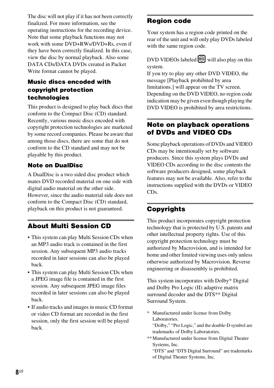 About multi session cd, Region code, Note on playback operations of dvds and video cds | Copyrights | Sony DAV-DX355 User Manual | Page 8 / 104