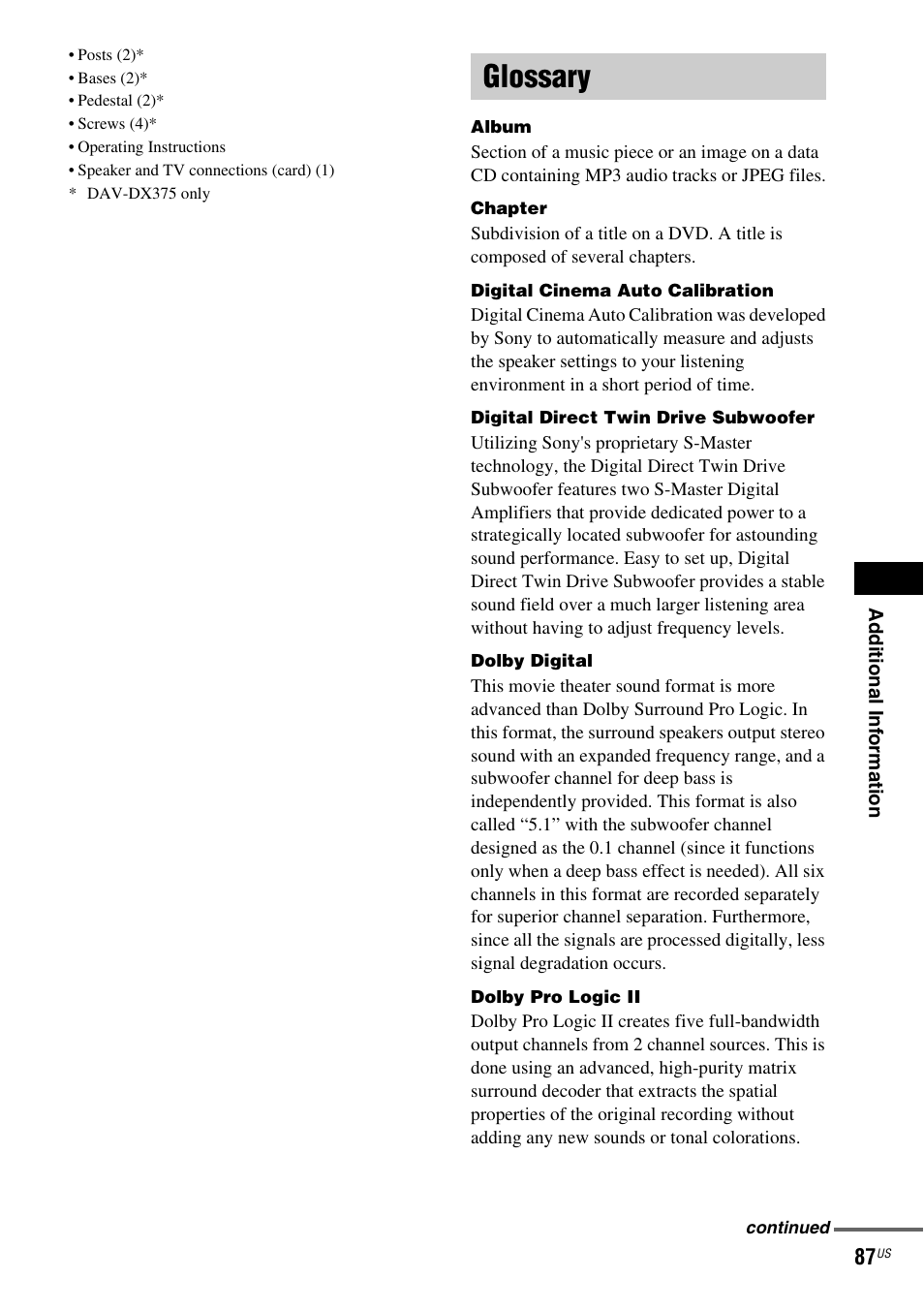 Glossary | Sony DAV-DX355 User Manual | Page 87 / 104