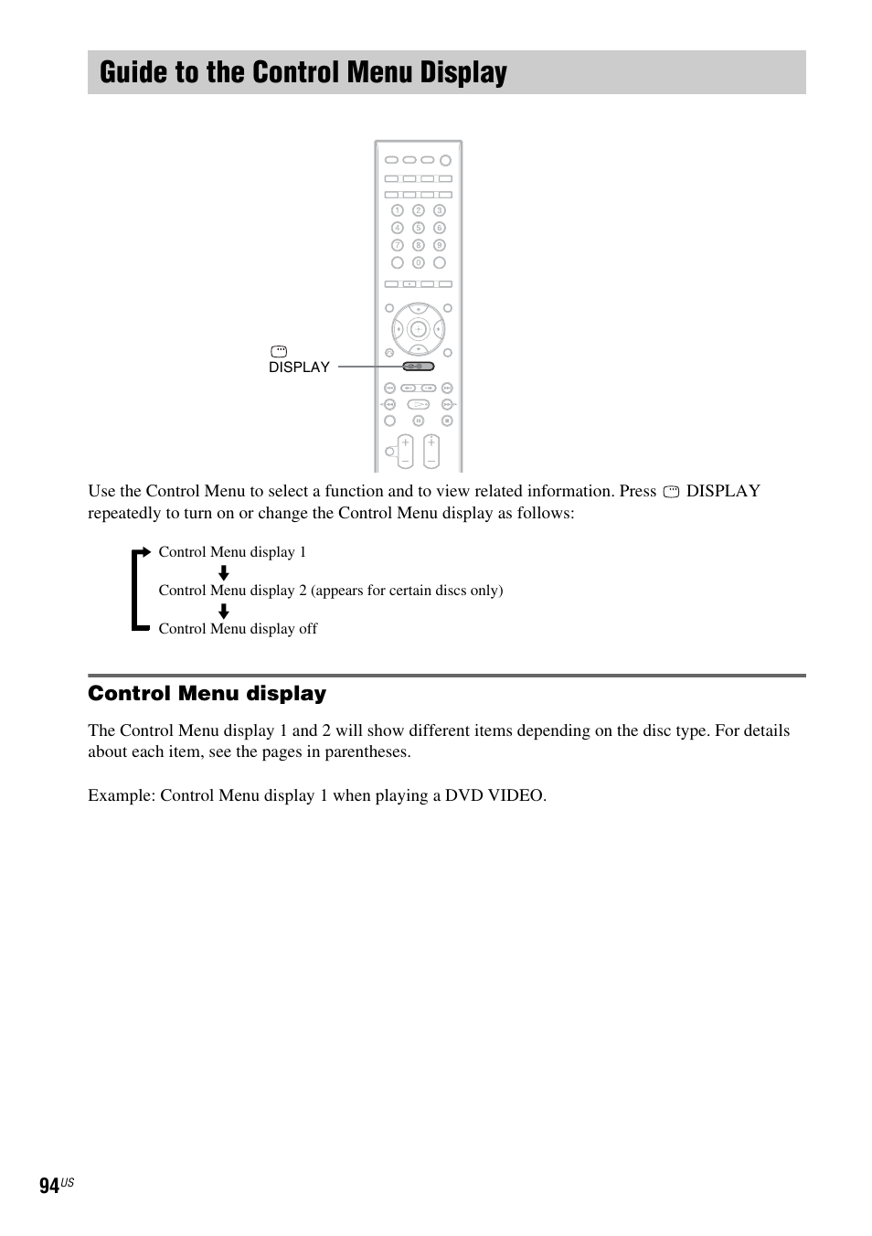 Guide to the control menu display, Control menu display | Sony DAV-DX355 User Manual | Page 94 / 104