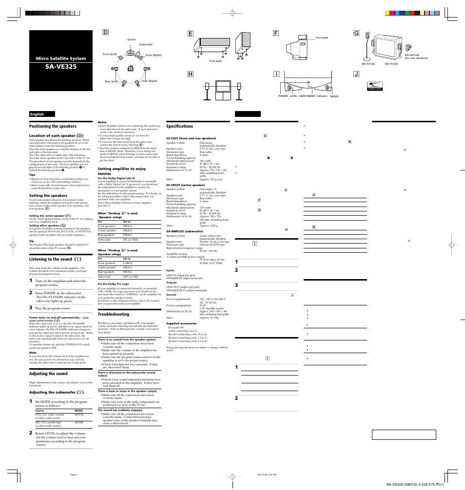 Level mode min max movie on / standby music, Sa-ve325, Eh g f | Sony 5.1 channel speaker system SA-VE325 User Manual | Page 2 / 2