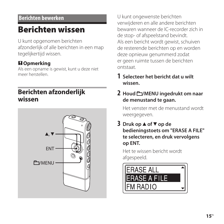 Berichten bewerken, Berichten wissen, Berichten afzonderlijk wissen | Sony ICD-UX81F User Manual | Page 105 / 122