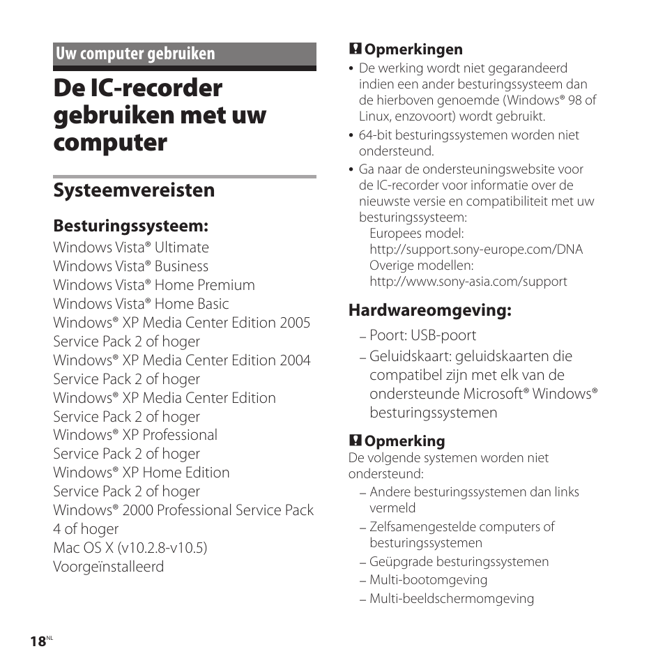 Uw computer gebruiken, De ic-recorder gebruiken met uw computer, De ic-recorder gebruiken met uw | Computer, Systeemvereisten, Besturingssysteem, Hardwareomgeving | Sony ICD-UX81F User Manual | Page 108 / 122