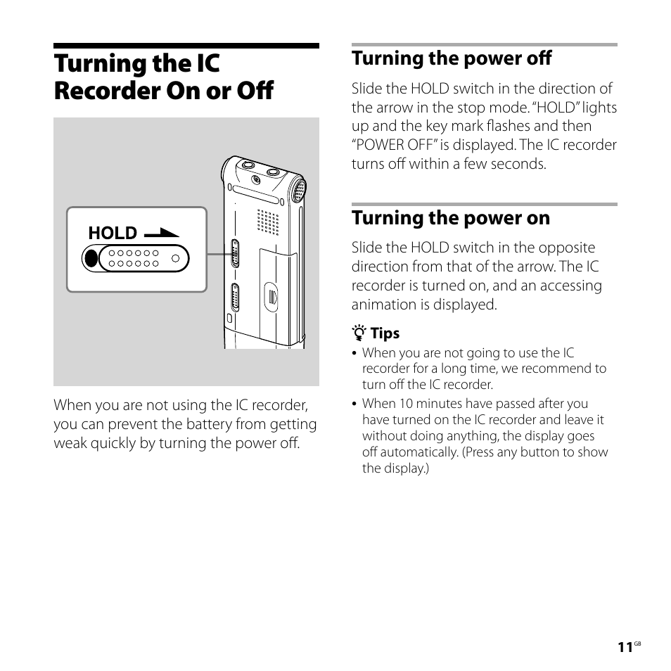 Turning the ic recorder on or off, Turning the power off, Turning the power on | Sony ICD-UX81F User Manual | Page 11 / 122