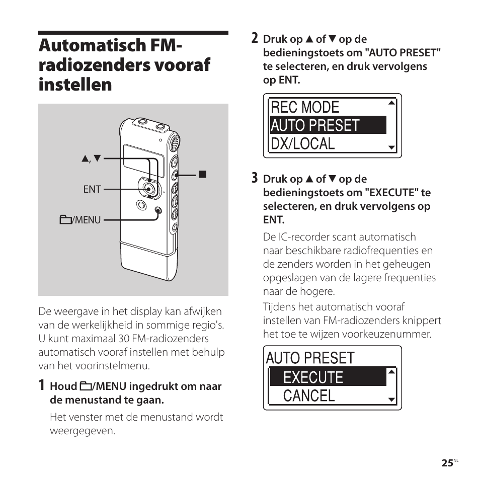 Automatisch fm-radiozenders vooraf instellen, Automatisch fm-radiozenders vooraf, Instellen | Automatisch fm- radiozenders vooraf instellen | Sony ICD-UX81F User Manual | Page 115 / 122