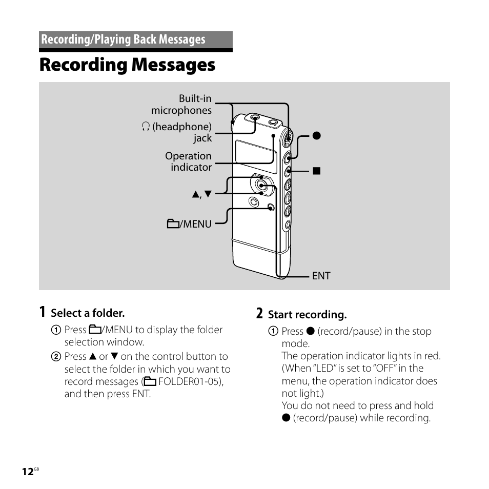 Recording/playing back messages, Recording messages, Recording/playing back | Messages | Sony ICD-UX81F User Manual | Page 12 / 122