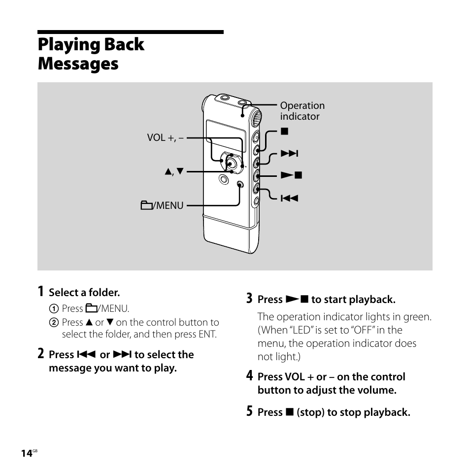 Playing back messages | Sony ICD-UX81F User Manual | Page 14 / 122