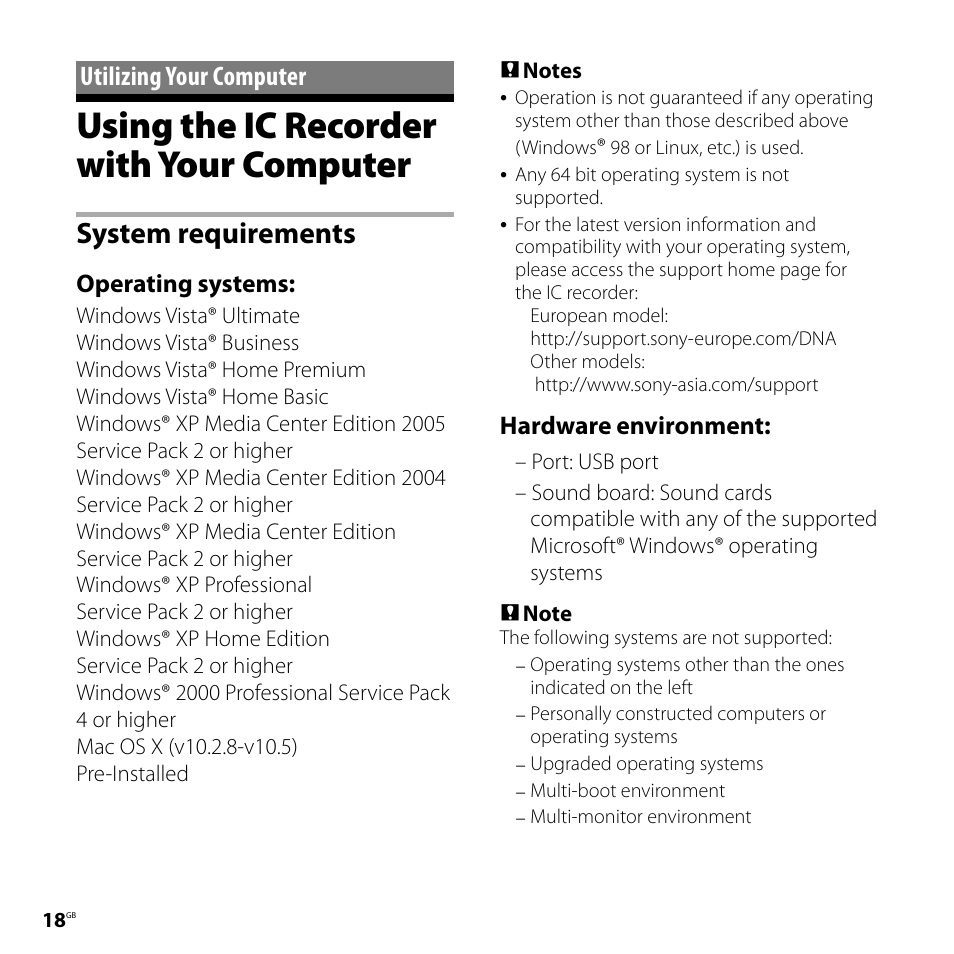 Utilizing your computer, Using the ic recorder with your computer, Using the ic recorder with your | Computer, System requirements, Operating systems, Hardware environment | Sony ICD-UX81F User Manual | Page 18 / 122