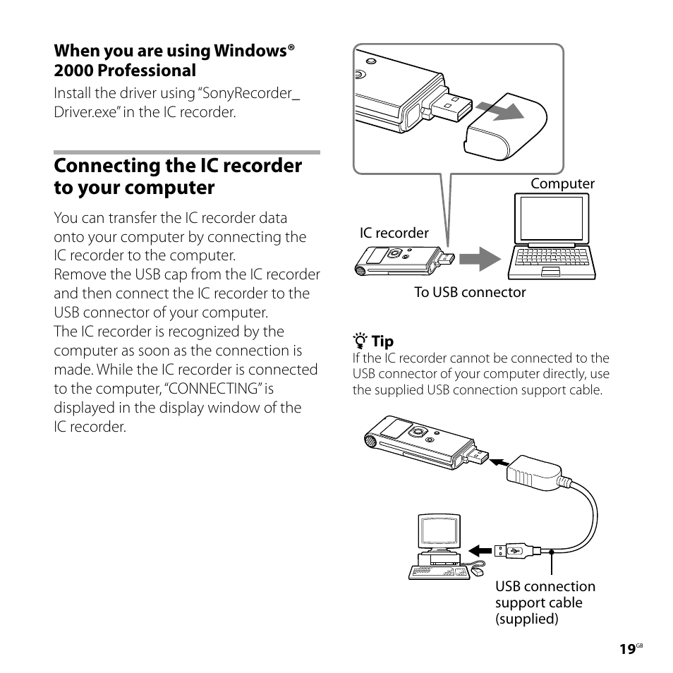 Connecting the ic recorder to your computer | Sony ICD-UX81F User Manual | Page 19 / 122