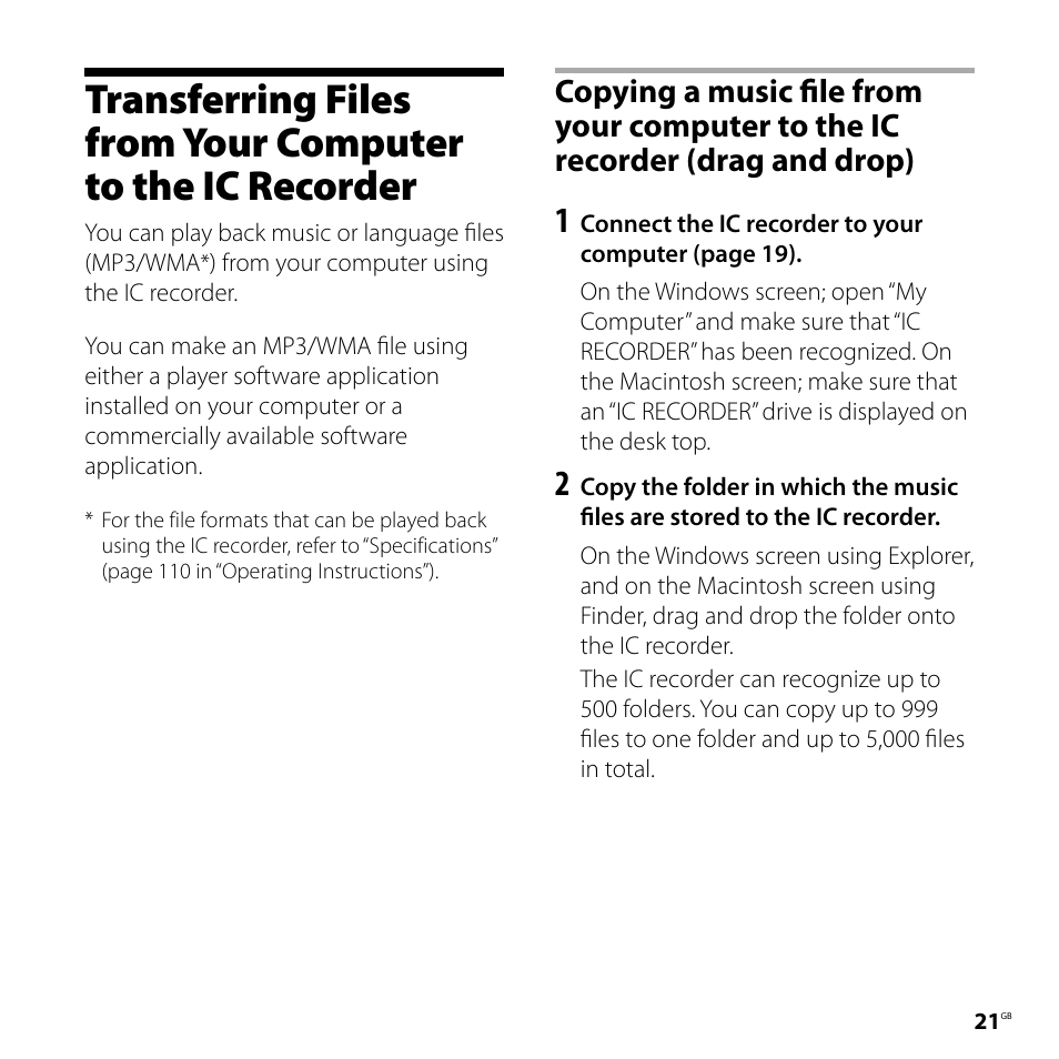 Transferring files from your computer, To the ic recorder | Sony ICD-UX81F User Manual | Page 21 / 122