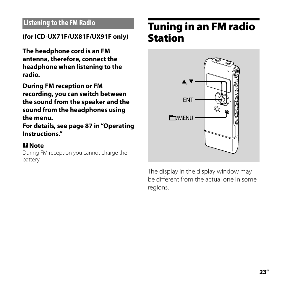 Listening to the fm radio, Tuning in an fm radio station | Sony ICD-UX81F User Manual | Page 23 / 122