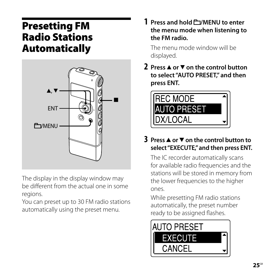 Presetting fm radio stations automatically, Presetting fm radio stations, Automatically | Sony ICD-UX81F User Manual | Page 25 / 122
