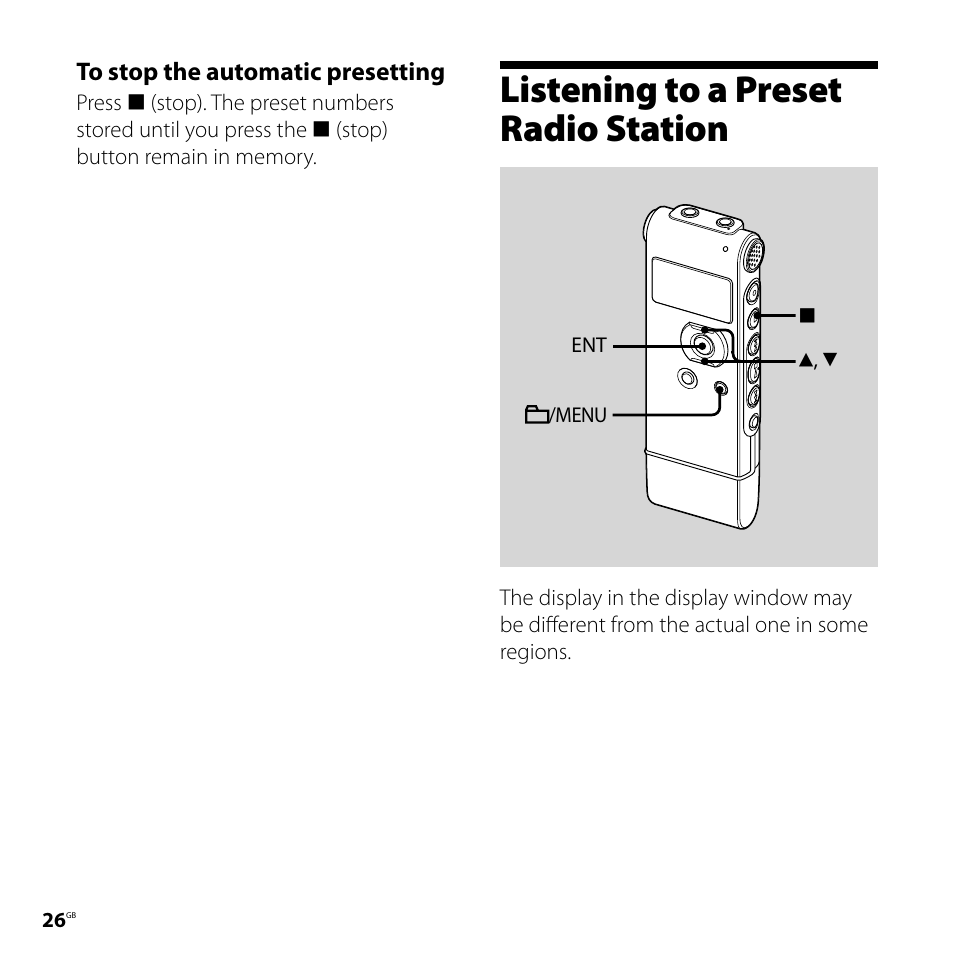 Listening to a preset radio station | Sony ICD-UX81F User Manual | Page 26 / 122