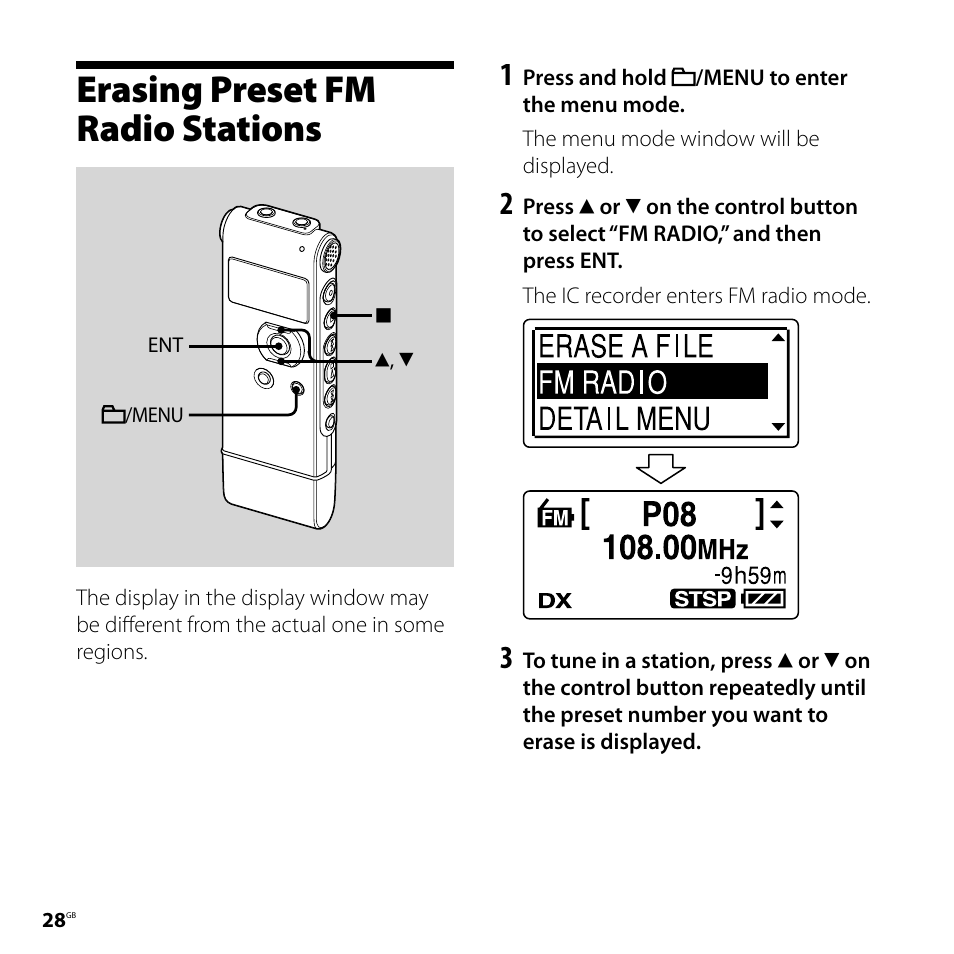 Erasing preset fm radio stations | Sony ICD-UX81F User Manual | Page 28 / 122