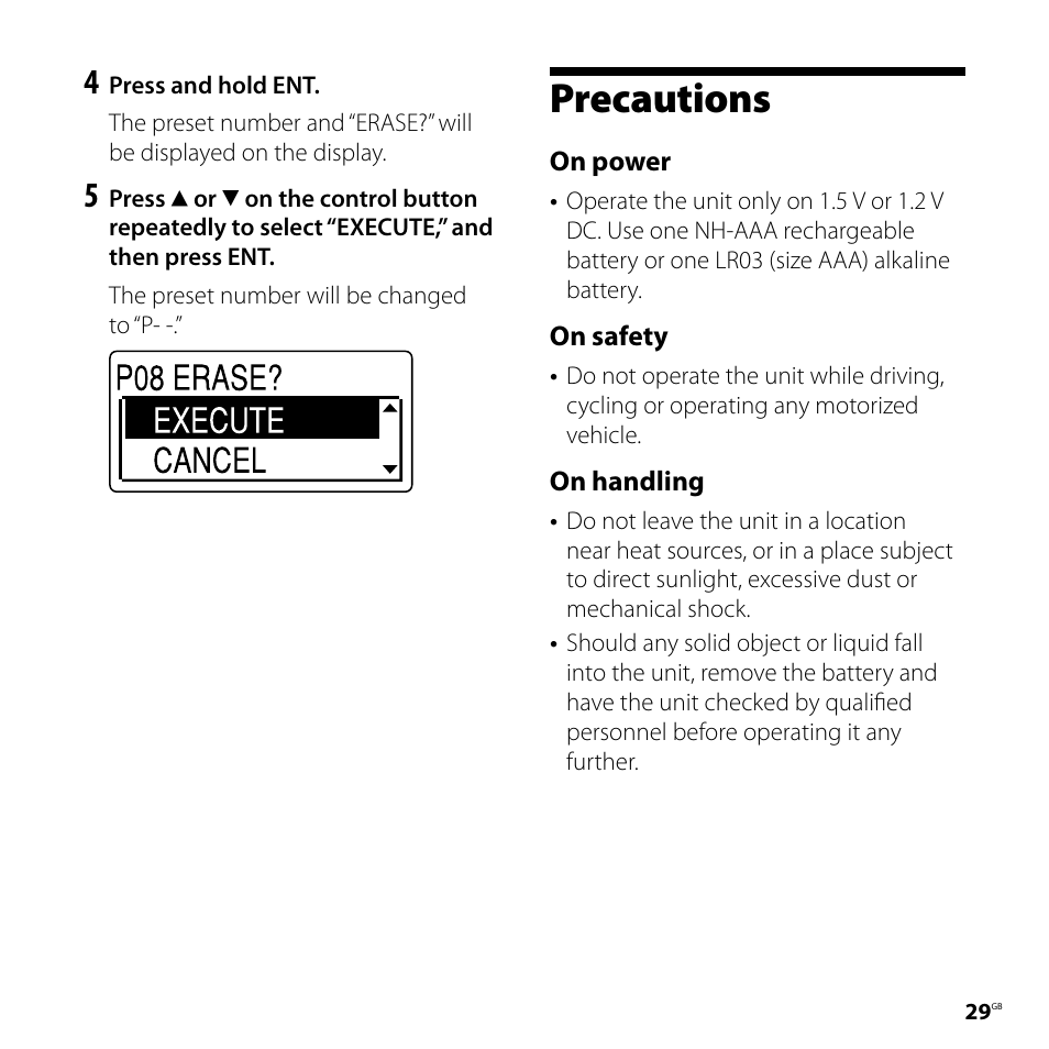 Precautions | Sony ICD-UX81F User Manual | Page 29 / 122