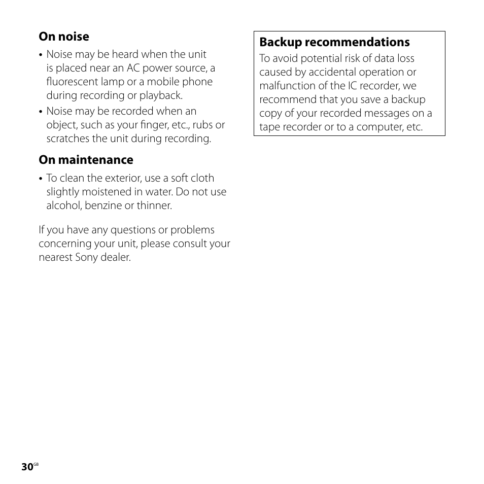 On noise, On maintenance, Backup recommendations | Sony ICD-UX81F User Manual | Page 30 / 122