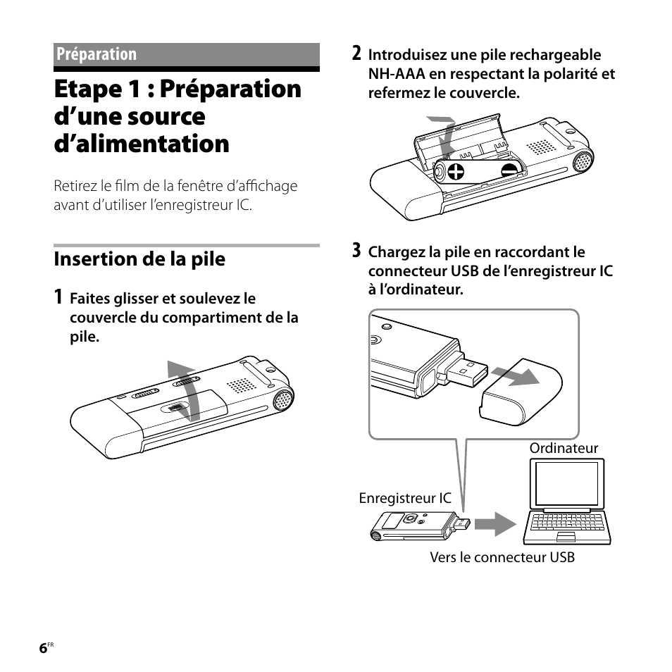 Préparation, Etape 1 : préparation d’une source d’alimentation, Etape 1 : préparation d’une source | D’alimentation, Insertion de la pile | Sony ICD-UX81F User Manual | Page 36 / 122