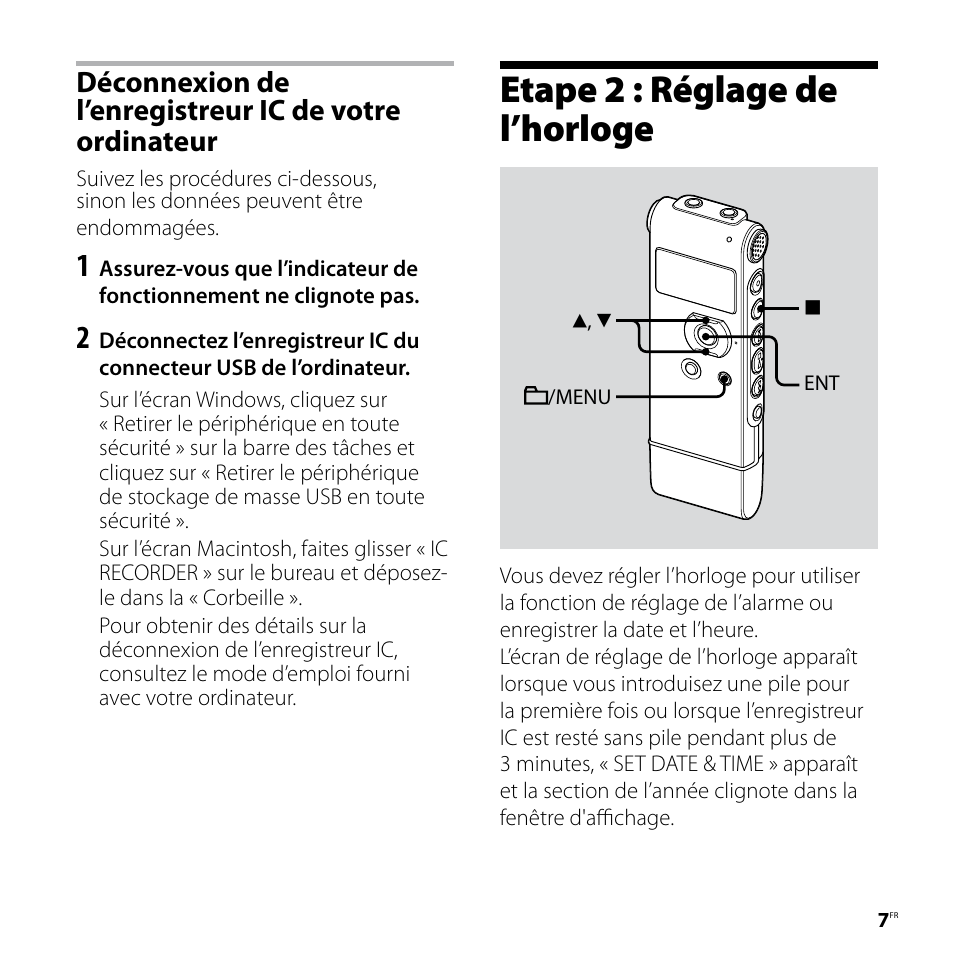 Etape 2 : réglage de l’horloge | Sony ICD-UX81F User Manual | Page 37 / 122