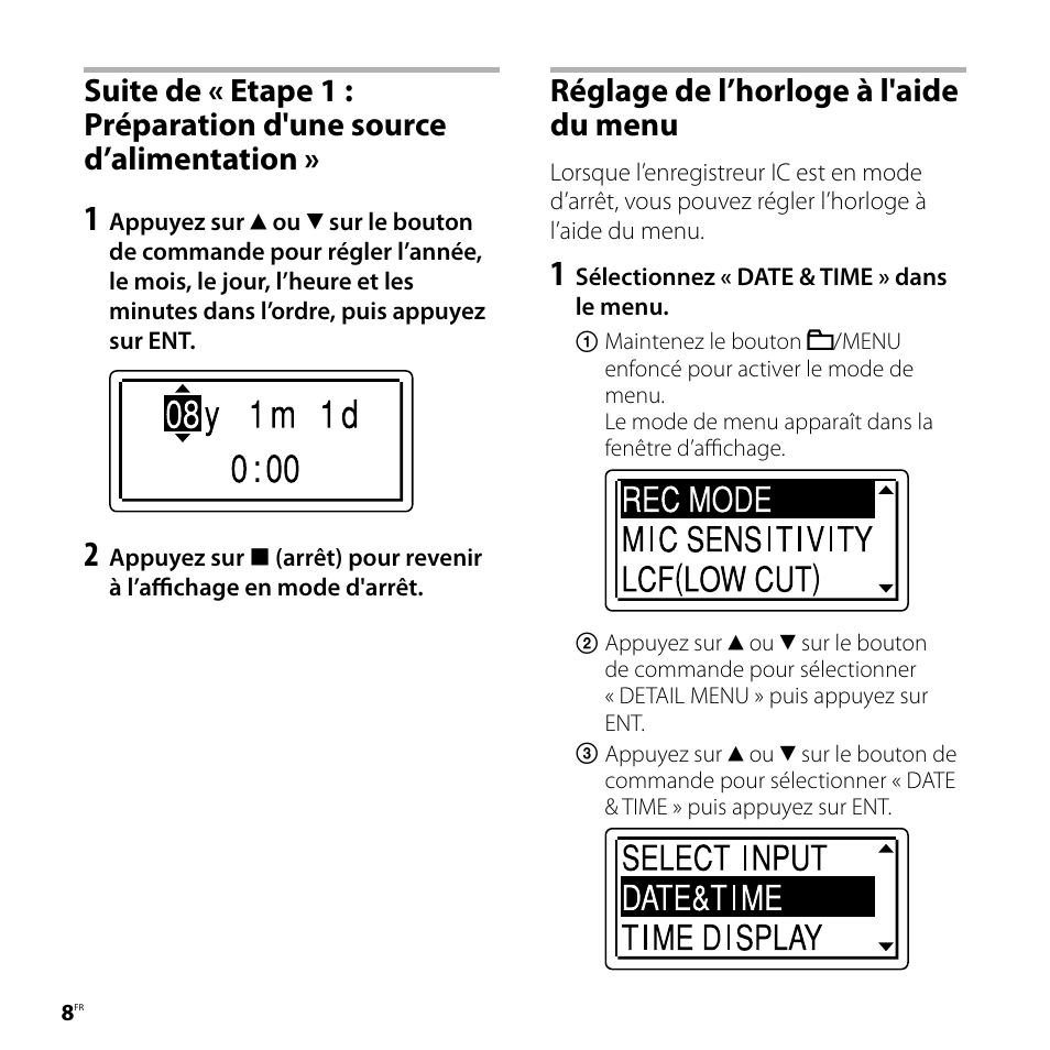 Réglage de l’horloge à l'aide du menu | Sony ICD-UX81F User Manual | Page 38 / 122